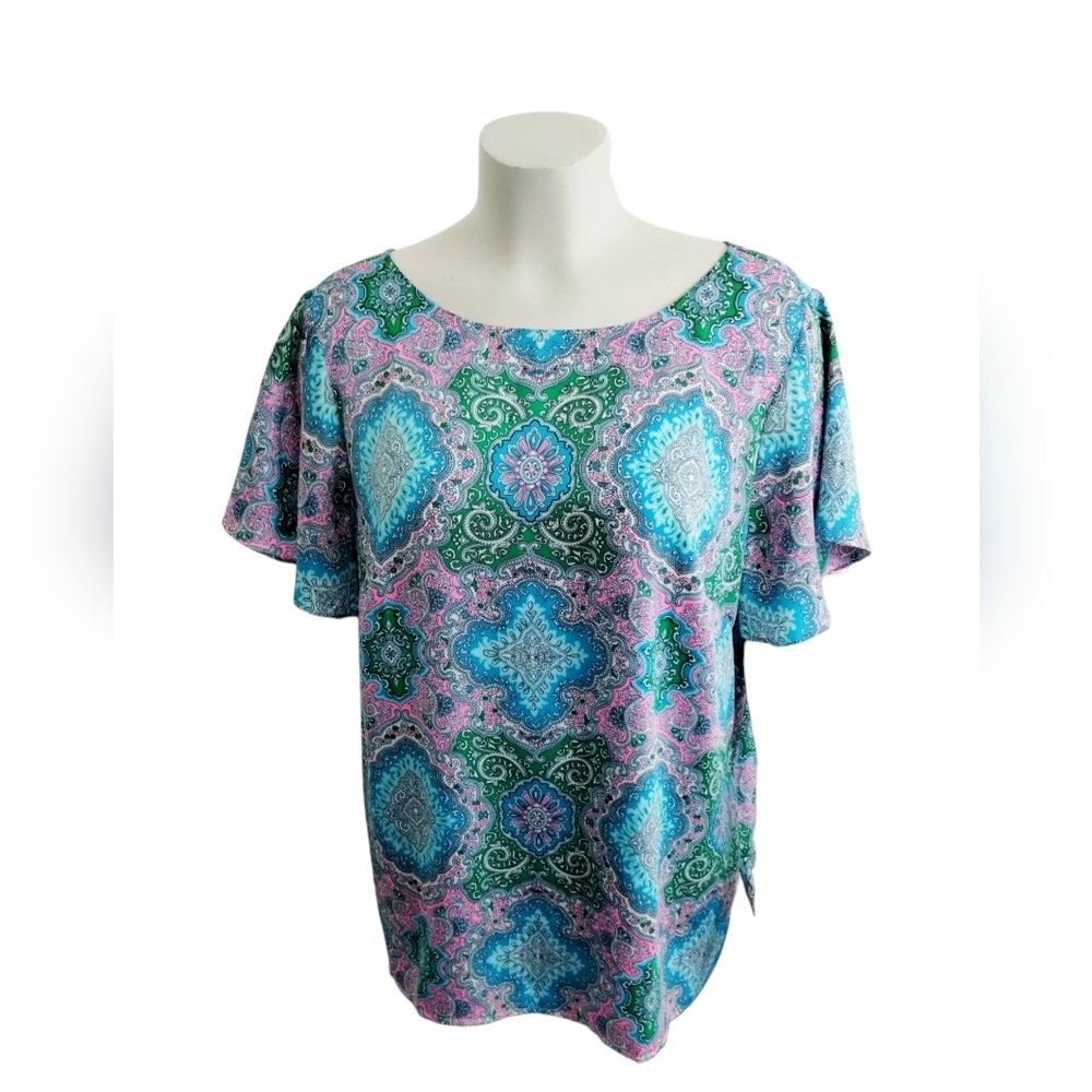 Talbot's Women's Flutter Boho Art Wear Paisley Satin Top size‎ 2X Resort Beachy